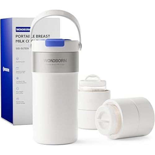 Portable Breast Milk Cooler, 4 Ice Rings, 360°Cooling with Vacuum Lid, Safe Chill for 30H+, 22oz Large Capacity with 2 Bottles, Rapid Chill to 40℉, Extra Wide Opening, Ideal for Work & Travel