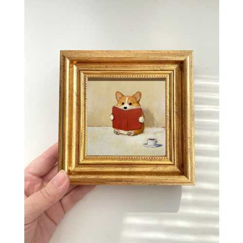 Hand Painted Corgi Oil Painting"A Very Studious Corgi" - Mini Framed Dog Art, Pet Theme Wall Decor, Gift for Dog Owners & Pet Lovers