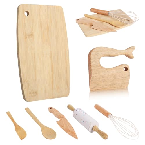 7 Pieces Wooden Kids Knife Toddler Knife Set Toddler Cutting Board And Knife Set for Real Cooking Montessori Kitchen Tools for Toddlers for Cutting Veggies Fruits Salad Cake