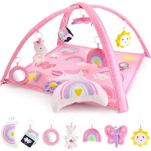 Peanutshell Baby Girl Rainbow Paradise 7-in-1 Play Gym - Playmat Toys for Newborns, Infants: 0-6, 6-12 months Tummy Time Mat with Hanging Toys, Soft Padded