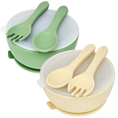 HippoBaby 6 Piece Silicone Suction Baby/Toddler Bowl Set with 2 Bowls, 2 Spoons, 2 Forks, Safe Food Grade Silicone, Soft on Gums (Mint/Cream)