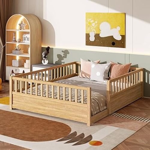 Bellemave Queen Floor Bed Frame with 21.4" High Fence, Solid Wood Queen Montessori Floor Bed for Kids, Low to Ground Full Enclosure Platform Beds, No Box Spring Needed, Natural