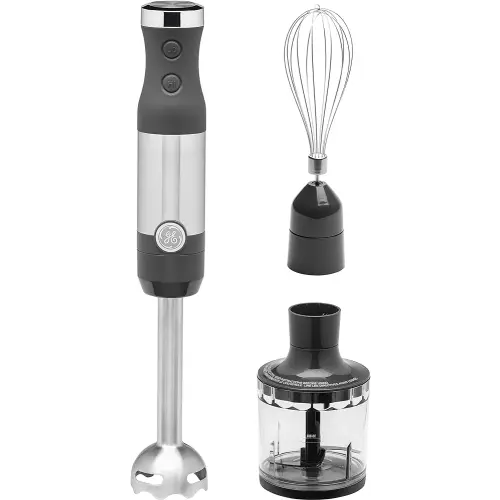 GE Immersion Blender | Handheld Blender for Shakes, Smoothies, Baby Food & More | Includes Whisk & Blending Jar | 2-Speed | Interchangeable Attachment for Easy Clean | 500 Watts | Stainless Steel