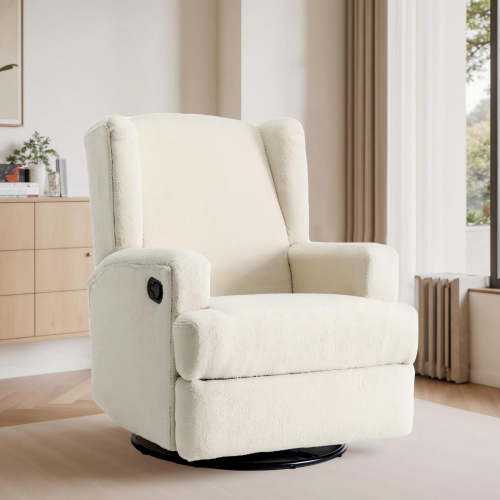 DREAMSIDEA Recliner Swivel Glider Rocker Nursery Chair for Adults, High Back Upholstered Rocking Armchair for Living Room, Manual Reclining Sofa Lounge Chair with Deep Seat in Teddy Fabric - Cream