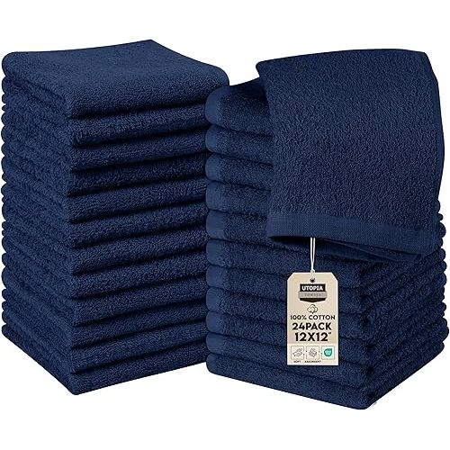 Utopia Towels 24 Pack Cotton Washcloths Set - 100% Ring Spun Cotton, Premium Quality Flannel Face Cloths, Highly Absorbent and Soft Feel Fingertip Towels (Navy)