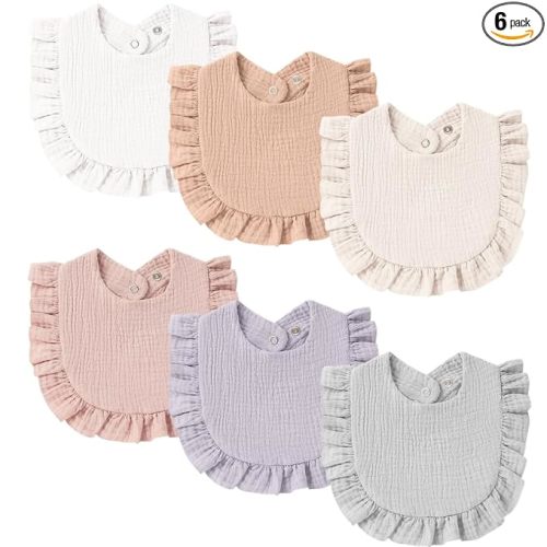 MairMore Muslin Baby Bibs, Ruffle Edge Drool Bibs, 6-Pack | 100% Muslin Cotton, Designed for Teething & Drooling Babies, Soft & Absorbent, for Boys & Girls, Newborn to Toddler