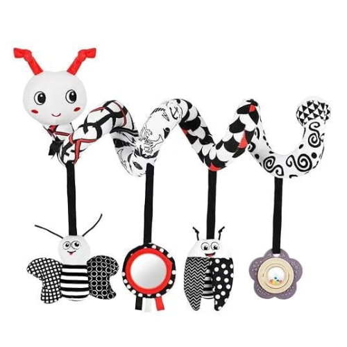 Car seat toys for Babies, 0-6 Months Stroller Activity Black White Baby Spiral Plush Sensory Toys with 4 Pendants Hanging Boys Girls Gifts