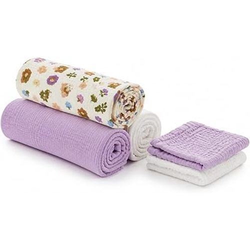 5 Pack Muslin Swaddle Blankets & Baby Burp Cloths, Soft & Breathable Cotton Baby Blankets, Receiving Blankets for Newborn, Nursery Infant Essentials, Swaddling Wrap for Unisex (Purple & White)