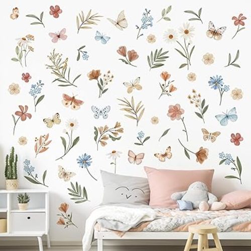 decalmile Boho Flower Wall Decals Watercolor Floral Butterflies Wall Stickers Baby Nursery Girls Bedroom Kids Room Wall Decor