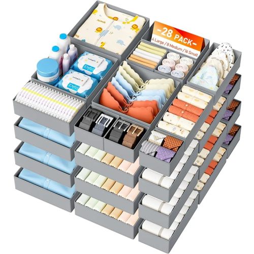 DIMJ Drawer Organizer Clothes 28 Pack - Foldable Baby Organizers and Storage & Closet Organizers for Bedroom, Closet - Nursery Organization Dresser Dividers for underwear, Sock,Bra, Belt, Tie,Gray