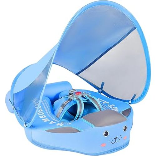 Mambobaby Non-Inflatable Baby Pool Float with Tail and Canopy UPF 50+ Sun Protection No Flip Over Infant Swim Float Skin-Friendly Mambo Float Swim Trainer Solid Baby Swimming Ring