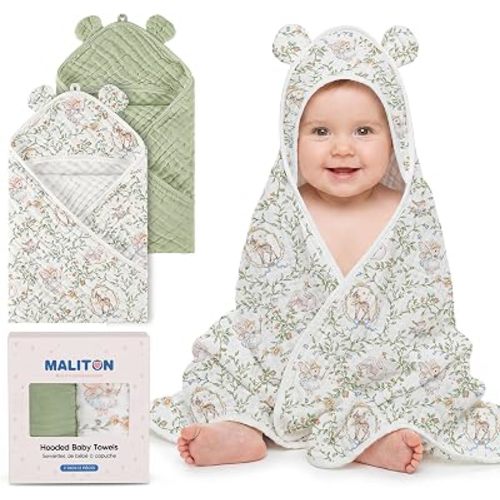 Maliton 2-Pack Hooded Baby Towels, Baby Essentials & Newborn Essentials - 100% Muslin Cotton Baby Bath Towels, Ultra-Soft & Absorbent (32" x 32", Green&Rabbit)