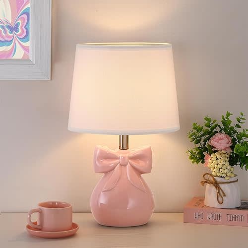 Pink Bow Table Lamp for Girl's Room, 19" Ceramic Cute Lamp for Bedroom, Classic Bedside Lamp for Nightstand, Modern Table Lamp for Living Room with Rotary Swtich (Bulb Included)