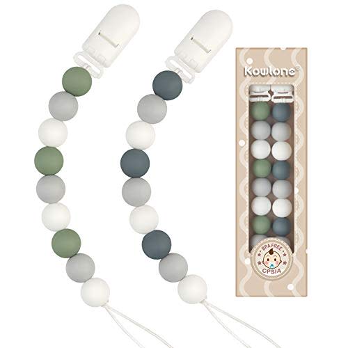 Pacifier Clip Boys Girls Paci Holder Silicone Teething Beads Teether Toys Binky Soothie Clip for Baby 2 Pack (Green, Gray)