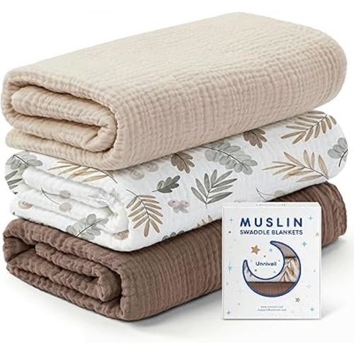 Unnivoll Muslin Swaddle Blankets for Newborns, 100% Cotton Receiving Blankets, Large 38 x 40 inches Baby Swaddle Blanket for Baby Boys and Girls, Soft Breathable Infant Baby Essentials 3 Pack Brown