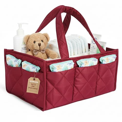 ZONZEE Baby Diaper Caddy Organizer, Nursery Storage Basket for Newborn Essentials, Travel Baby Basket for Diapers Baby Wipes, Organizer Tote Bag Storage Bin, Baby Shower Gifts (Maroon)