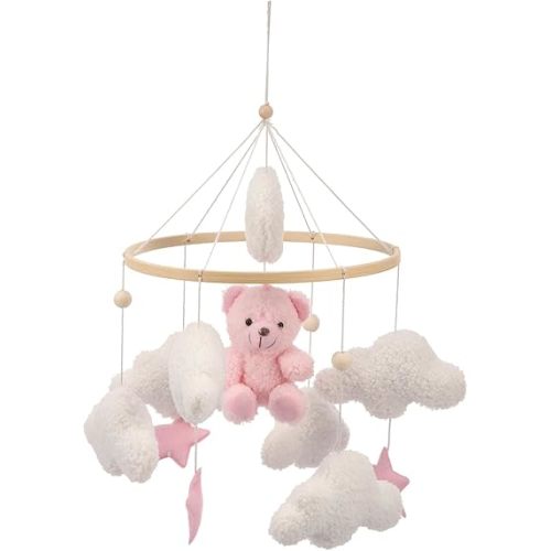 Baby Musical Crib Mobile, Hanging Rotating Plush Toys and Wood Nursery Mobile Cute for Infant Newborn Boy Girl,Total Height: 45cm/17.72in (Pink)