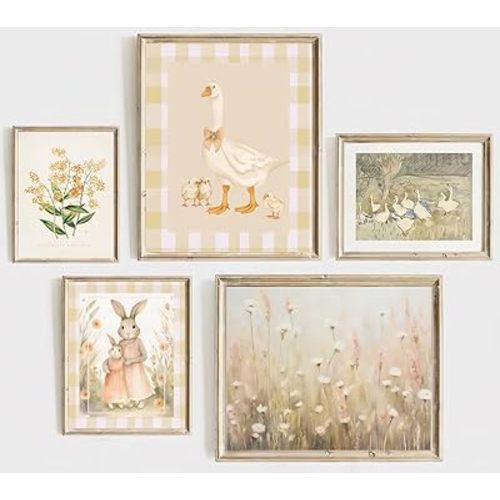 ONEOLTN Nursery Wall Art Girl Vintage Baby Girl Room Pictures Floral Goose Art Canvas Prints Bunny Poster Vintage Nursery Rabbit Artwork for Kids Girl Room Bedroom Decor 8x10x5 Inch Unframed