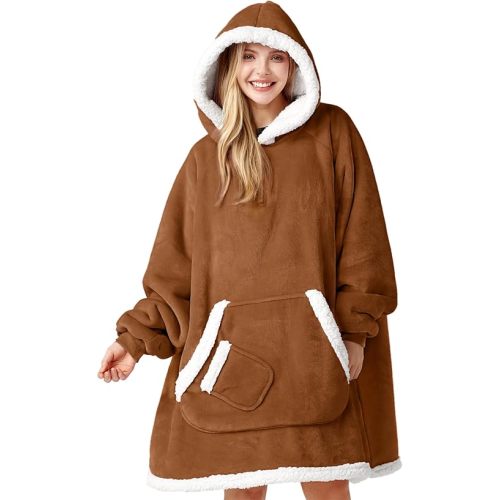 Giggling Getup Wearable Blanket Hoodie for Women Men Gifts for Women Mom Wife Sherpa Fleece Hooded Blanket Sweatshirt Warm Cozy Sherpa Wearable Throw with Pocket & Sleeves for Adult Standard Caramel