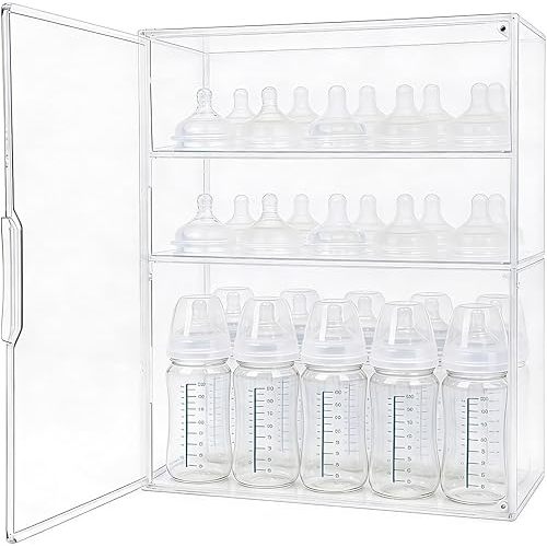 Penitue Baby Bottle Organizer, 3-Tier Clear Acrylic Storage Box with 2 Removable Dividers & Magnetic Door Large Capacity Bottle Drying Rack & Feeding Accessories Holder for Countertop Cabinet