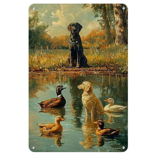 Hunting Decorations for Boys Room Duck Hunting Dogs Lovers Poster Waterfowl Hunting Metal Signs Vintage Room Decor Aesthetic Wall Art Tin Sign Gift for Garage 8x12 inch
