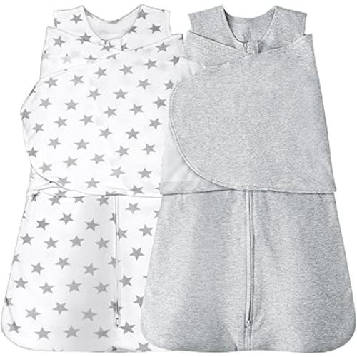 Baby Sleep sack Swaddle,Swaddles 3-6 Months,3-Way Adjustable Wearable Transition Blanket 100% Organic Cotton 2-Piece,12-18 lbs,1.0 TOG(Star&Grey)