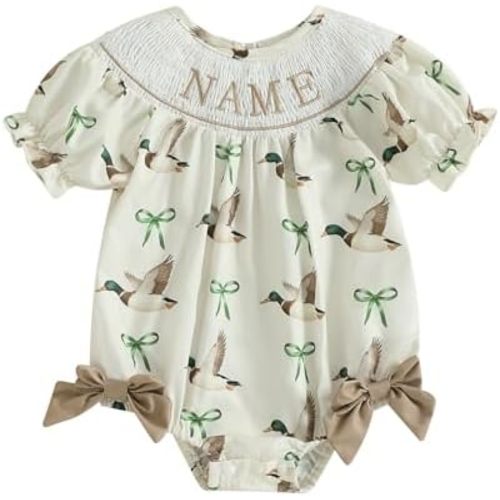 Newborn Baby Girl Duck Summer Clothes Mallard Duck Print Smocked Bubble Romper Bodysuit Hunting Outfit