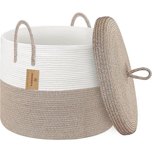 18" X 14" Large Storage Basket with Lid, Blanket Basket Living Room, Woven Cotton Rope Storage Box, Lidded Kids Dog Toy Bin, Tall Wicker Laundry Basket, Blankets Pillows Organizer Holder