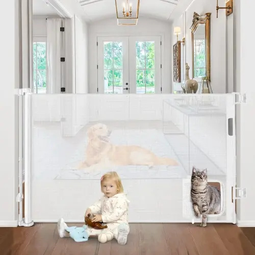 Retractable Baby Gates with Cat Door 80" Wide Retractable Dog Gate with Pet Door Outdoor Retractable Gate for Dogs Retractable Pet Gate with Door Mesh Baby Gate Retractable Mesh Dog Gate (White)