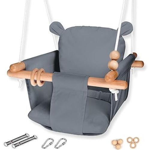 Canvas Baby Swing Seat, Hanging Toddler Swing - Grey Bear