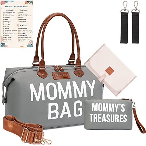 DOFASAYI Mommy Bag for Hospital, Diaper Bag Tote for Mom and Dad, Large Diaper Bag for Mom Travel, Hospital Bag for Labor and Delivery with Changing Pad, Pouches, Straps, Stroller Hook, Gray Green