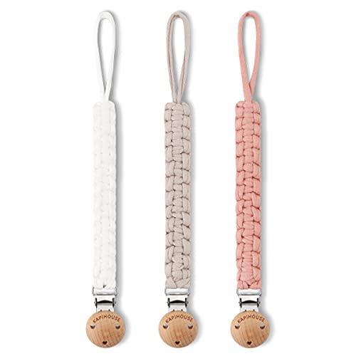 Kapihouse Pacifier Clip for Girl 9.2 Inch Pacifier Leashes woodern Clips Teething Toy with Handmade Braided Cotton Modern Unisex Baby Shower Birthdays Christmas Set (3 Pack Grils)