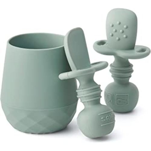 Silicone Baby Utensils - Self Feeding Spoons and Tiny Training Cup - First Stage Baby Led Weaning Supplies for 6 Months+ Infants - Set of 3