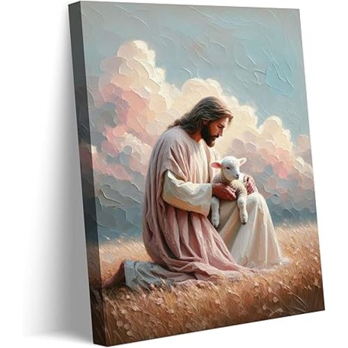 Jesus Christ The Good Shepherd Wall Art - Jesus Finds The Lost Lamb Poster Print for Living Room, Bedroom, Church Home Decoration - Ready To Hang