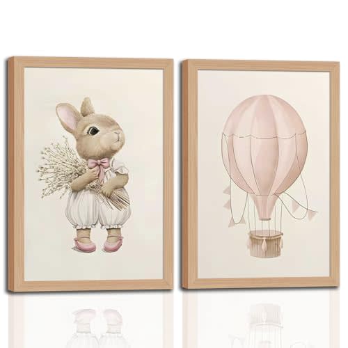 2Pcs wooden Framed Nursery Wall Art Canvas Prints, – Cute Bunny and Pink Hot Air Balloon Kids Room Décor, Neutral Baby Girl Bedroom Wall Picture, Ready-to-Hang Poster Printing for Nursery or Playroom12x16in