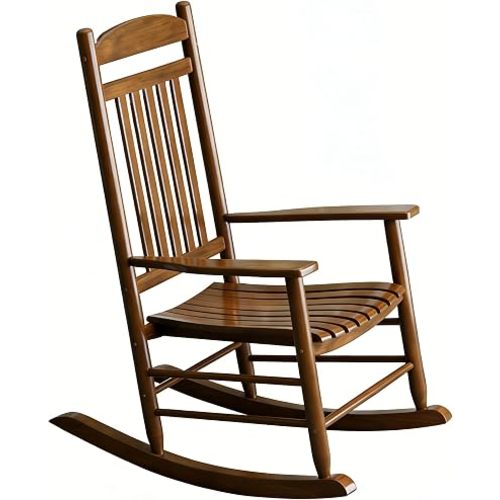 Wooden Outdoor Rocking Chair, Weatherproof Oversized Rocking Chair, Heavy Duty Comfort Brown 450 lbs Weight Capacity, Solid Relaxing Rocker Brown High Back for Patio, Porch, Living Room,