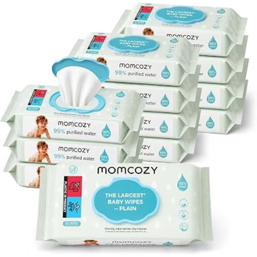 Momcozy PLAIN Baby Wipes Unscented, Minimal Ingredient Formula, 12 Packs