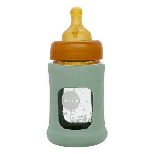 Hevea - Slow Flow Wide-Neck Glass Bottle with Protective Sleeve - Almond green | Smallable