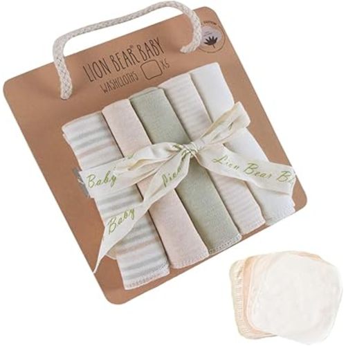 Lion bear 5- Pack Reusable Colored Organics Baby Washcloths, Soft Absorbent Organic Cotton Washable Saliva Towel Face Wipes, Newborn Bath Face Towel, Natural Baby Wipes for Sensitive Skin