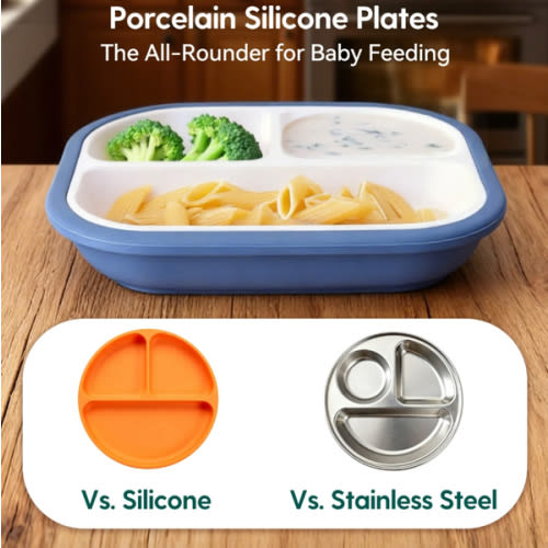 babeliobaby Gallery Porcelain | 8'' Toddler Porcelain Divided Plates with Suction Base - 3 Pack - Shop