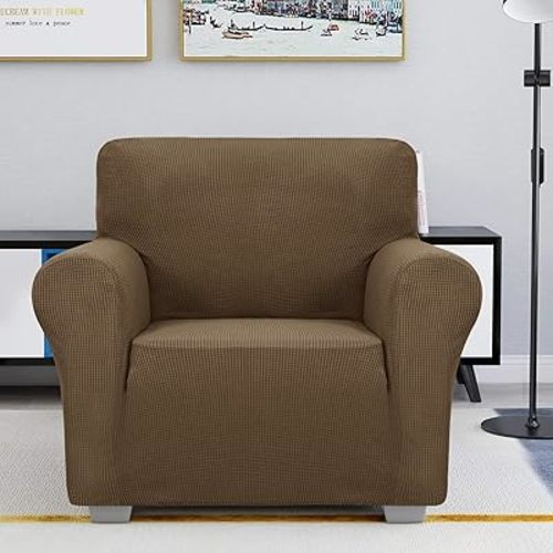 JIVINER Super Stretch Chair Slipcovers with Arms 1-Piece Jacquard Small Checks Living Room Armchair Covers Soft Anti Slip Sofa Couch Furniture Protector for Kids Pets (Chair, Brown)