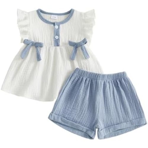 Toddler Girl Clothes Baby Summer Spring Outfits Cute Bow Button Smocked Ruffle Sleeve Tops ＋ Girls Shorts Set