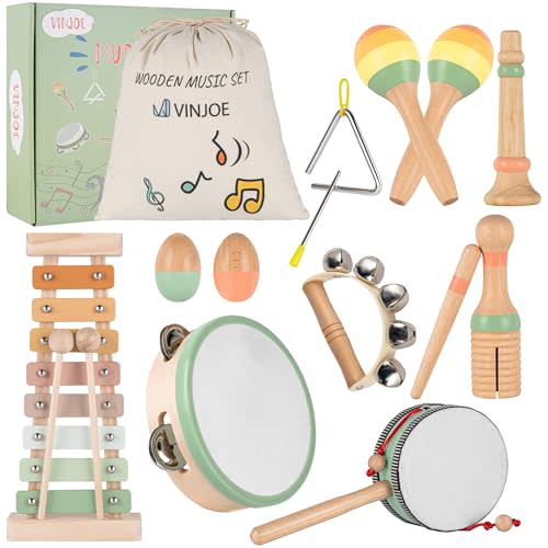 VINJOE Baby Musical Instruments-Toddler Montessori Wooden Musical Toys for Kids 1-3, Neutral Colors Percussion Instruments Set Early Learning Musical Toys for Preschool Educational Birthday Gifts