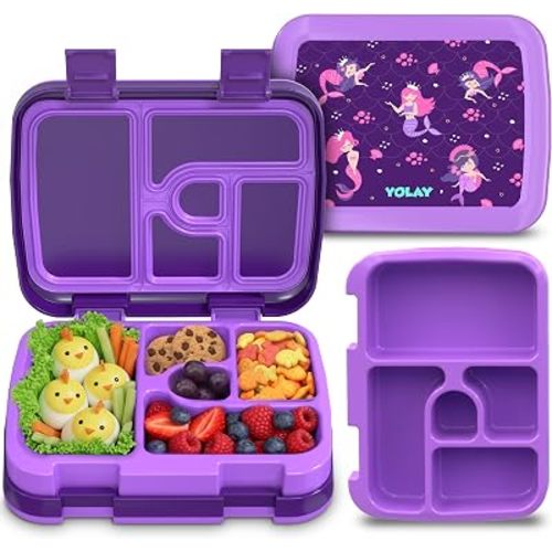 YOLAY Bento Box for Kids Lunch Box Leak-Proof, 5-Compartment Lunch Box Kids for Ages 3-10, Durable with Anti-Slip Base, Suitable for Schools, Outdoor and Travel (Mermaid)