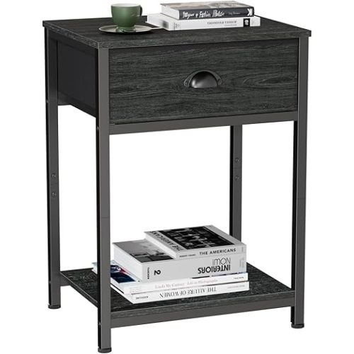 Furologee Nightstand with Fabric Drawer & Storage Shelf, Small Bedside Table Organizer for Small Space, 2 Tiers Industrial End Table, Side Table for Living Room, Bedroom, Black Oak