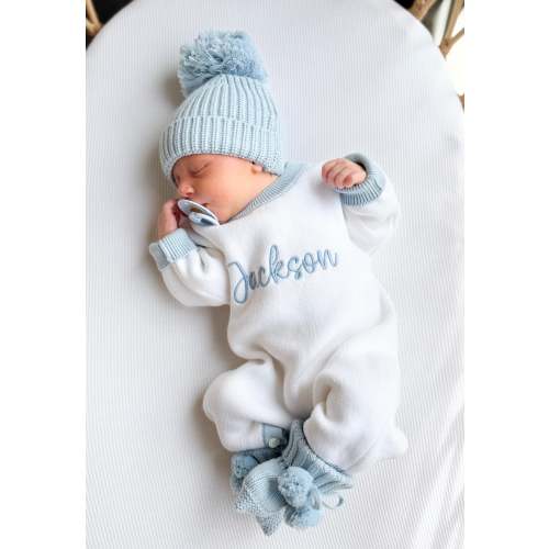 Personalised baby romper white with blue trim – Penny and Co Collections