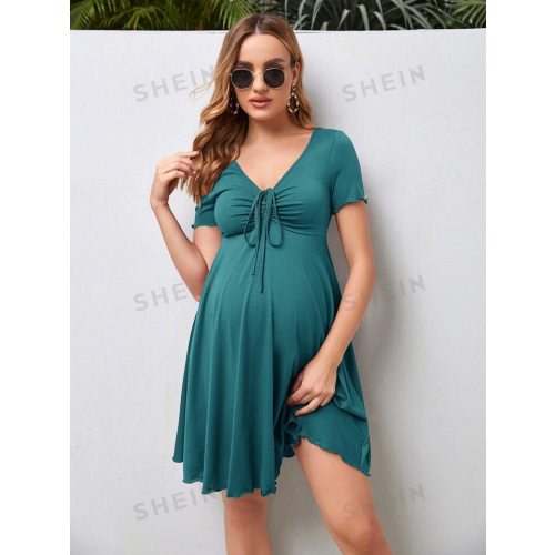 SHEIN Maternity Drawstring Front Lettuce Trim Dress