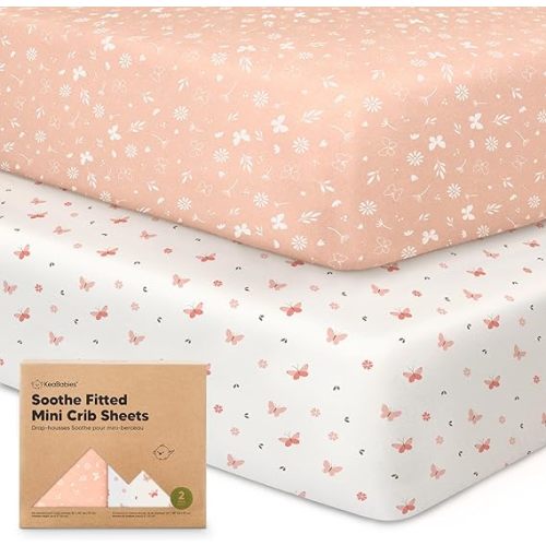 2-Pack Mini Crib Sheets Fitted - 38x26 Pack N Play Sheets for Pack and Play Mattress, Organic Cotton, Soft & Breathable Playard Bedding, Neutral Mini Toddler Bed Cover for Boys, Girls (Butterflies)