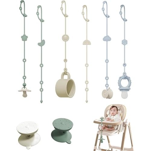 6 Pack Silicone Baby Toy Straps with 2 pcs Suction Cup Bases, Silicone Pacifier Holder, Toy Strap,Adjustable Toy Holder for Stroller Accessories, Car Seat, Highchair,Crib (A)