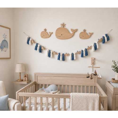Whale Nursery Garland, Wooden Whale Wall Decor, Nautical Baby Room Decor, Blue & White Yarn Tassel Garland, Ocean Nursery